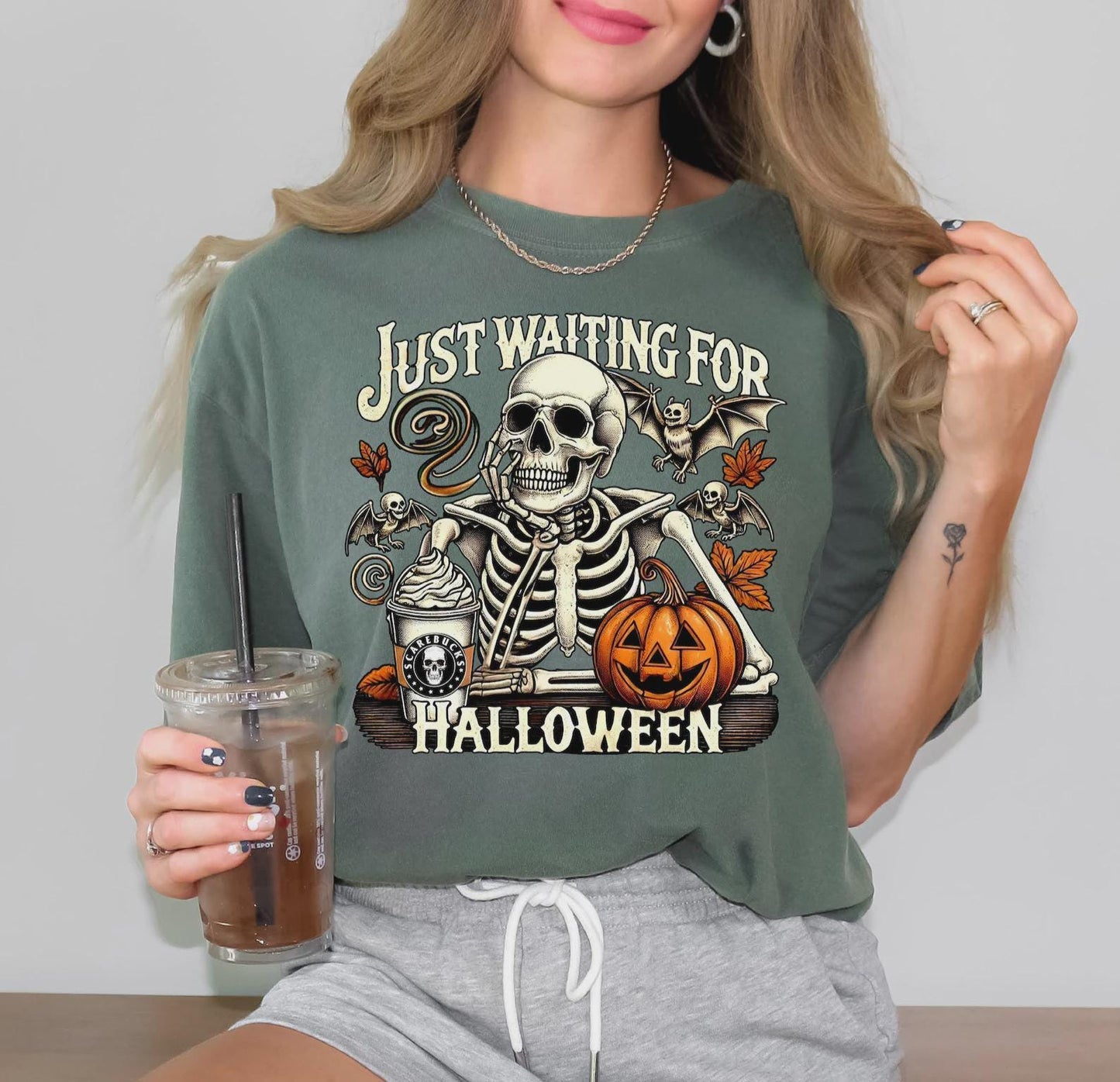 Just Waiting for Halloween Comfort Colors® Shirt, Funny Skeleton