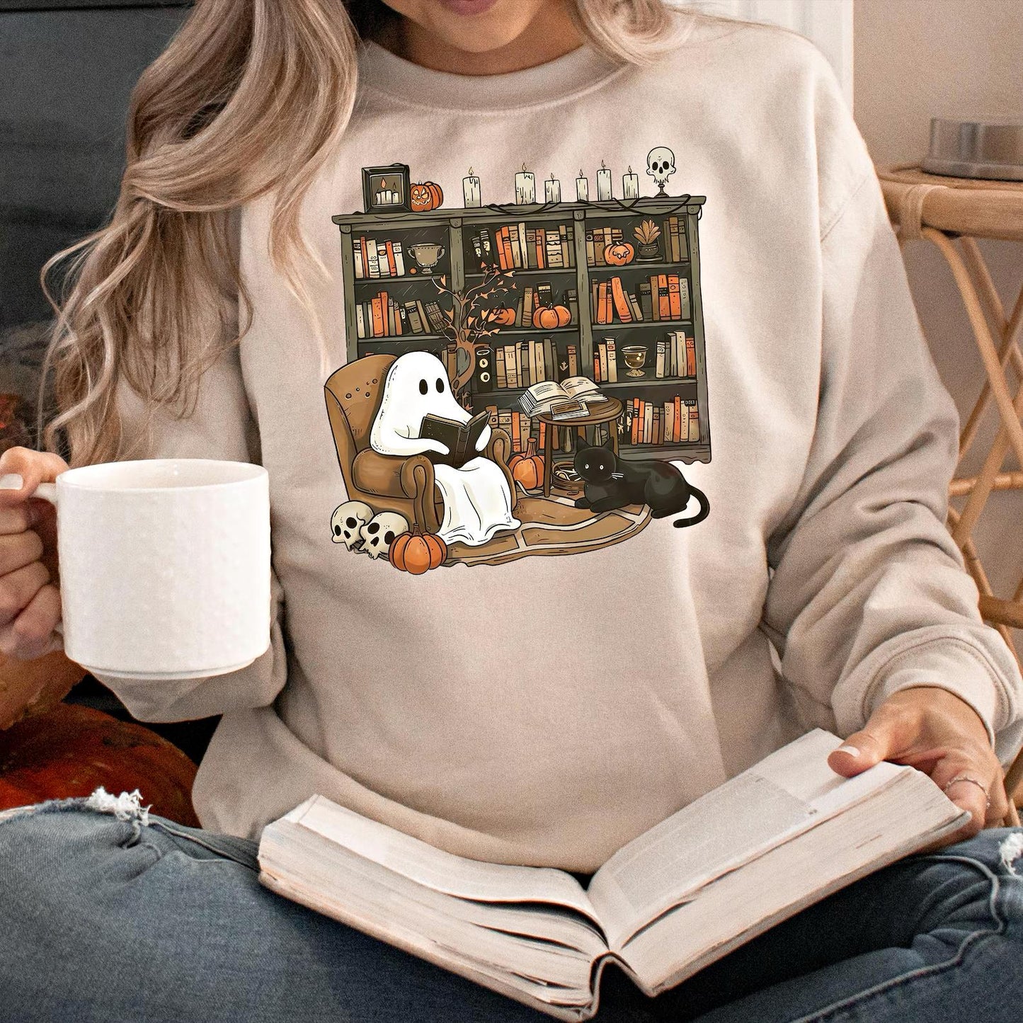 Retro Ghost Reading Books Sweatshirt, Halloween Teacher