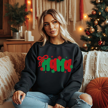 Christmas MAMA Sweatshirt – Festive Red and Green Faux Crochet Sweater | Cozy Holiday Pullover | Cute Winter Gift for Moms | Holiday Knit Print | Mama Winter Sweater