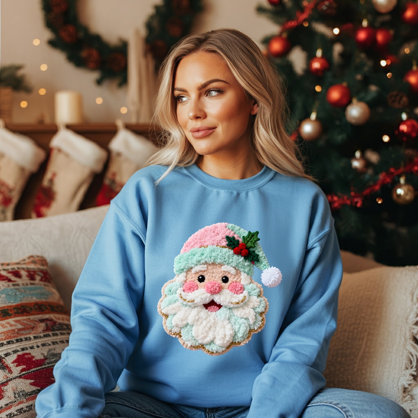 Faux Crochet Pastel Santa Christmas Sweatshirt – Cute Holiday Pullover, Cozy Blue Santa Crewneck for Women, Festive Winter Sweater, Pink Santa, Santa Claus Sweater, Xmas Sweatshirts