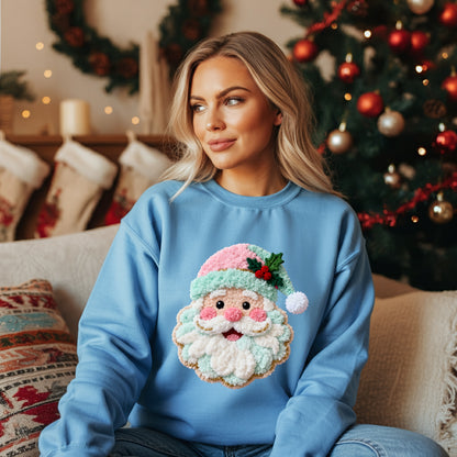 Faux Crochet Pastel Santa Christmas Sweatshirt – Cute Holiday Pullover, Cozy Blue Santa Crewneck for Women, Festive Winter Sweater, Pink Santa, Santa Claus Sweater, Xmas Sweatshirts