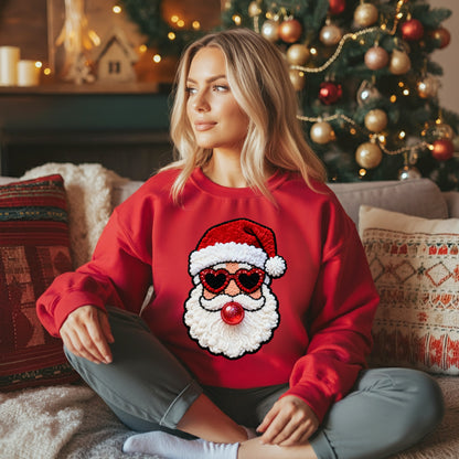 Faux Crochet Bubble Gum Santa With Heart Shades On, Gildan 18000,  Christmas T-Shirts, Holiday Season, Xmas Tees, Cute Christmas Shirts