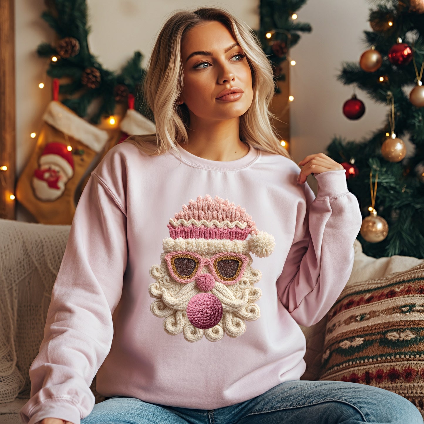 Faux Crochet Pink Santa Sweatshirt – Cute Christmas Pullover, Retro Holiday Crewneck for Women, Cozy Festive Winter Sweater, Pink Christmas, Bubble Gum Santa Claus, Sun Shades Santa