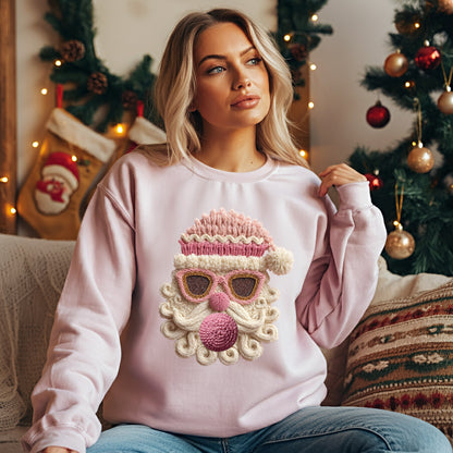 Faux Crochet Pink Santa Sweatshirt – Cute Christmas Pullover, Retro Holiday Crewneck for Women, Cozy Festive Winter Sweater, Pink Christmas, Bubble Gum Santa Claus, Sun Shades Santa