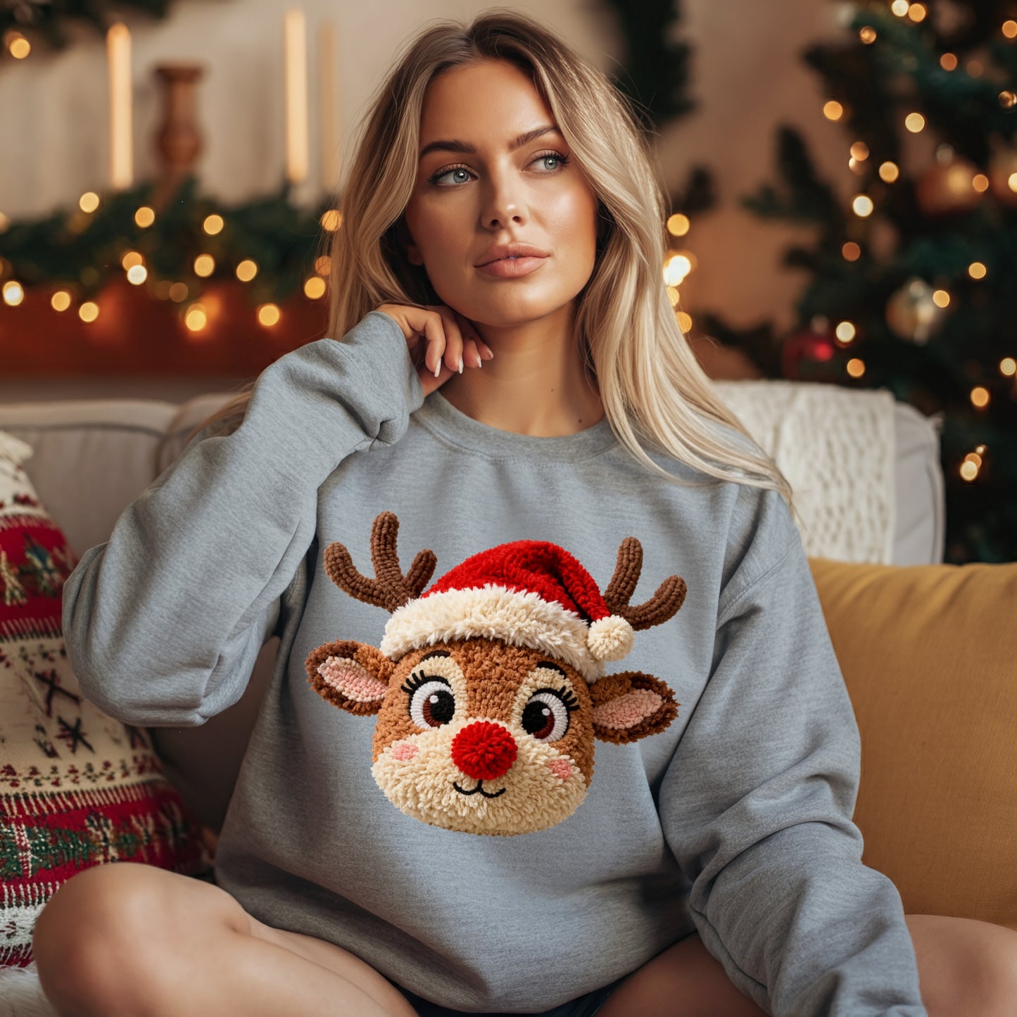 Cute Faux Crochet Reindeer Christmas Sweatshirt – Cozy Holiday Pullover, Rudolph Face Sweater for Women, Festive Winter Crewneck, Christmas Sweater, Cute Reindeer Sweatshirt