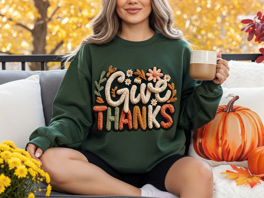 Faux Crochet Give Thanks Sweatshirt – Cozy Fall Thanksgiving Sweater | Autumn Pullover Gift | Fall Sweaters | Give Thanks | Women Tops