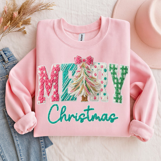 Merry Christmas Faux Crochet Sweatshirt – Pink Holiday Sweater with Tree & Bow | Cozy Festive Pullover Gift | Merry Christmas | Xmas | Holiday Sweater For Women