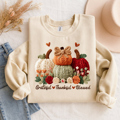 Faux Crochet Grateful Thankful Blessed Fall Sweatshirt – Cozy Pumpkin Autumn Pullover, Thanksgiving Crewneck for Women, Pumpkin Patch Sweater, Fall Season, Thanksgiving Top