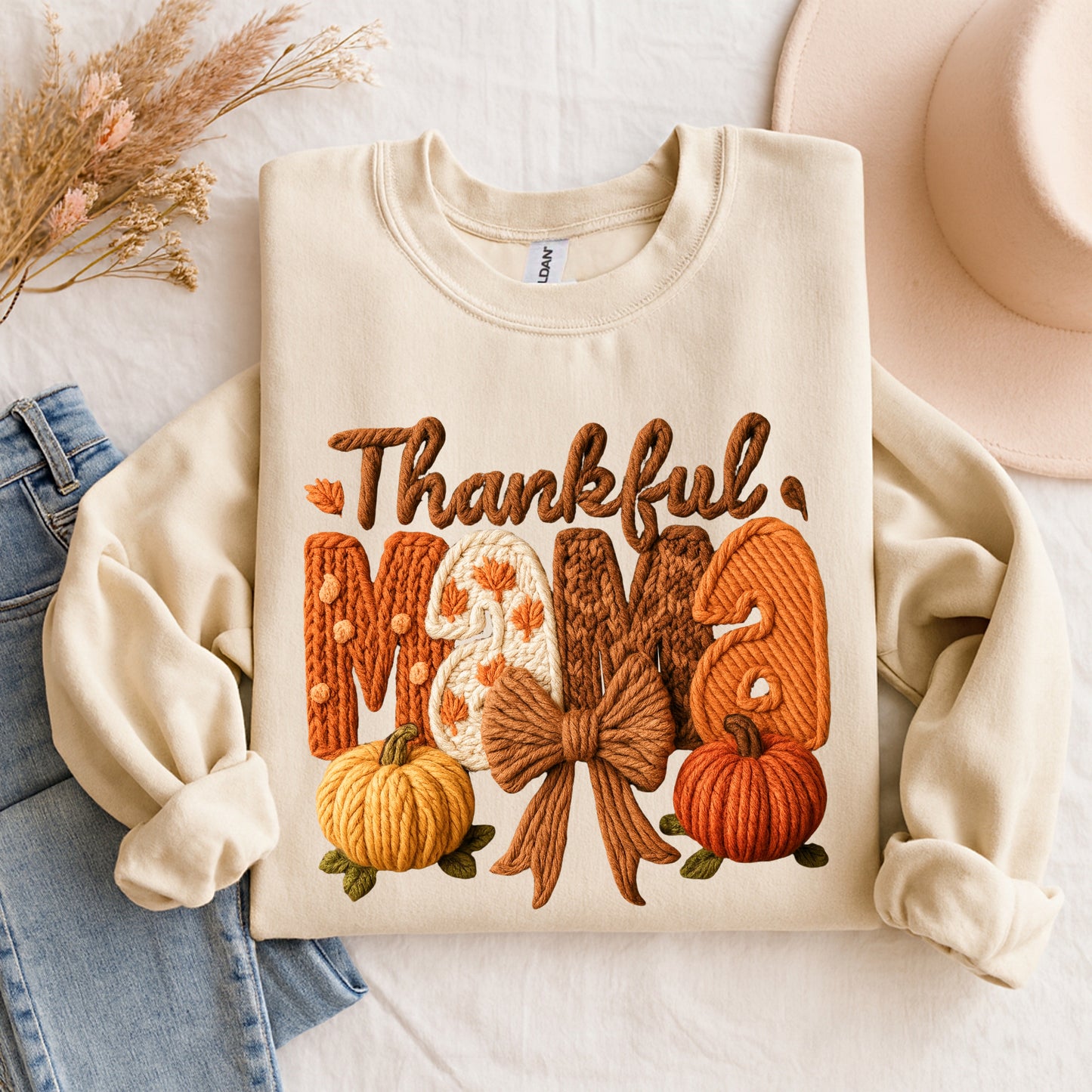 Thankful Mama Faux Crochet Sweatshirt – Cozy Fall Pumpkin Sweater | Thanksgiving Pullover Gift for Moms | Thanksgiving Mom Gift | Fall Sweaters For Mom