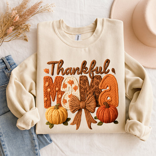 Thankful Mama Faux Crochet Sweatshirt – Cozy Fall Pumpkin Sweater | Thanksgiving Pullover Gift for Moms | Thanksgiving Mom Gift | Fall Sweaters For Mom