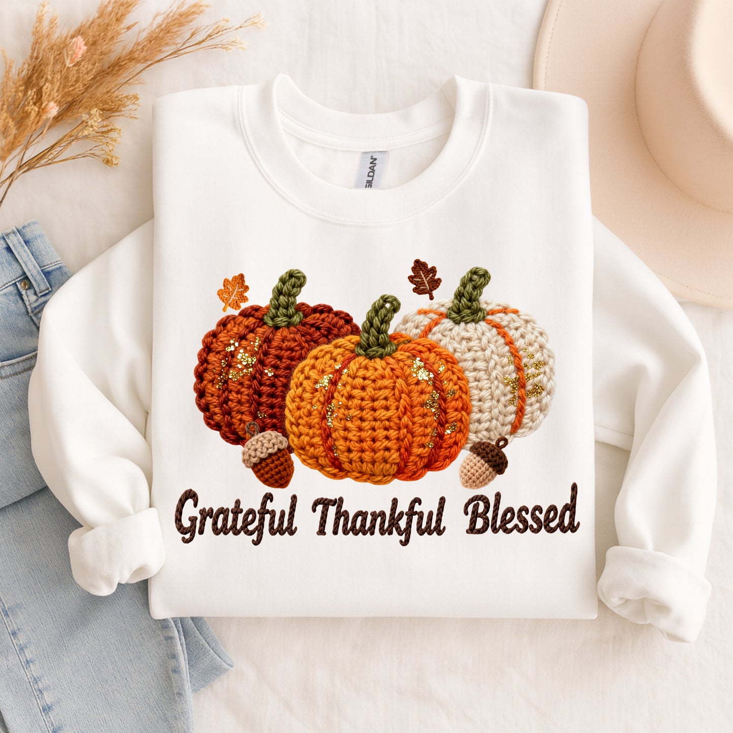 Faux Crochet Grateful Thankful Blessed Pumpkin Sweatshirt – Cozy Fall Pullover, Thanksgiving Crewneck for Women, Autumn Sweater, Thanksgiving Day Top, Pumpkin Patch Sweaters