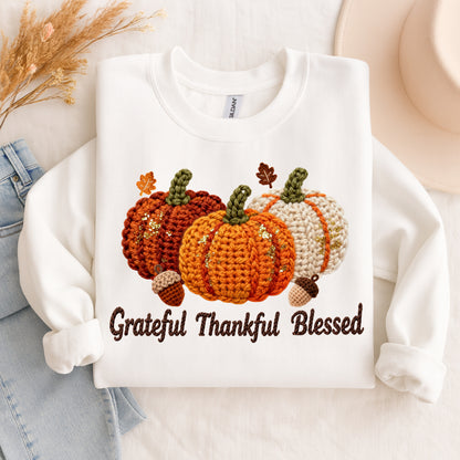 Faux Crochet Grateful Thankful Blessed Pumpkin Sweatshirt – Cozy Fall Pullover, Thanksgiving Crewneck for Women, Autumn Sweater, Thanksgiving Day Top, Pumpkin Patch Sweaters