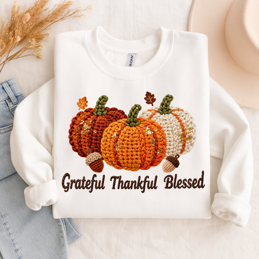 Faux Crochet Grateful Thankful Blessed Pumpkin Sweatshirt – Cozy Fall Pullover, Thanksgiving Crewneck for Women, Autumn Sweater, Thanksgiving Day Top, Pumpkin Patch Sweaters