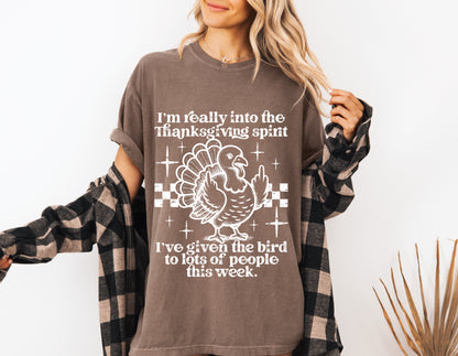 Funny Thanksgiving Shirt – I’m Really Into The Thanksgiving Spirit Turkey Graphic Tee, Humorous Fall T-Shirt for Adults, Giving The Bird To People Shirt, Unisex, Thanksgiving Dinner Shirt