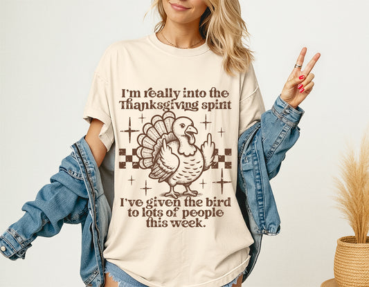 Funny Thanksgiving Shirt – I’m Really Into The Thanksgiving Spirit Turkey Graphic Tee, Humorous Fall T-Shirt for Adults, Giving The Bird To People Shirt, Unisex, Thanksgiving Dinner Shirt