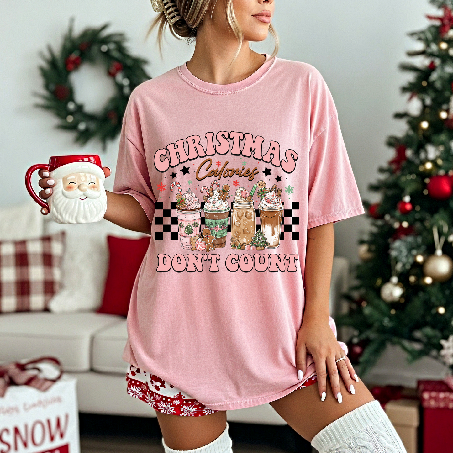Christmas Calories Don’t Count Shirt | Funny Holiday Coffee Tee | Cozy Pink Christmas T-Shirt for Women | Comfort Colors