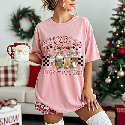 Christmas Calories Don’t Count Shirt | Funny Holiday Coffee Tee | Cozy Pink Christmas T-Shirt for Women | Comfort Colors