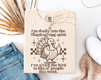 Funny Thanksgiving Shirt – I’m Really Into The Thanksgiving Spirit Turkey Graphic Tee, Humorous Fall T-Shirt for Adults, Giving The Bird To People Shirt, Unisex, Thanksgiving Dinner Shirt