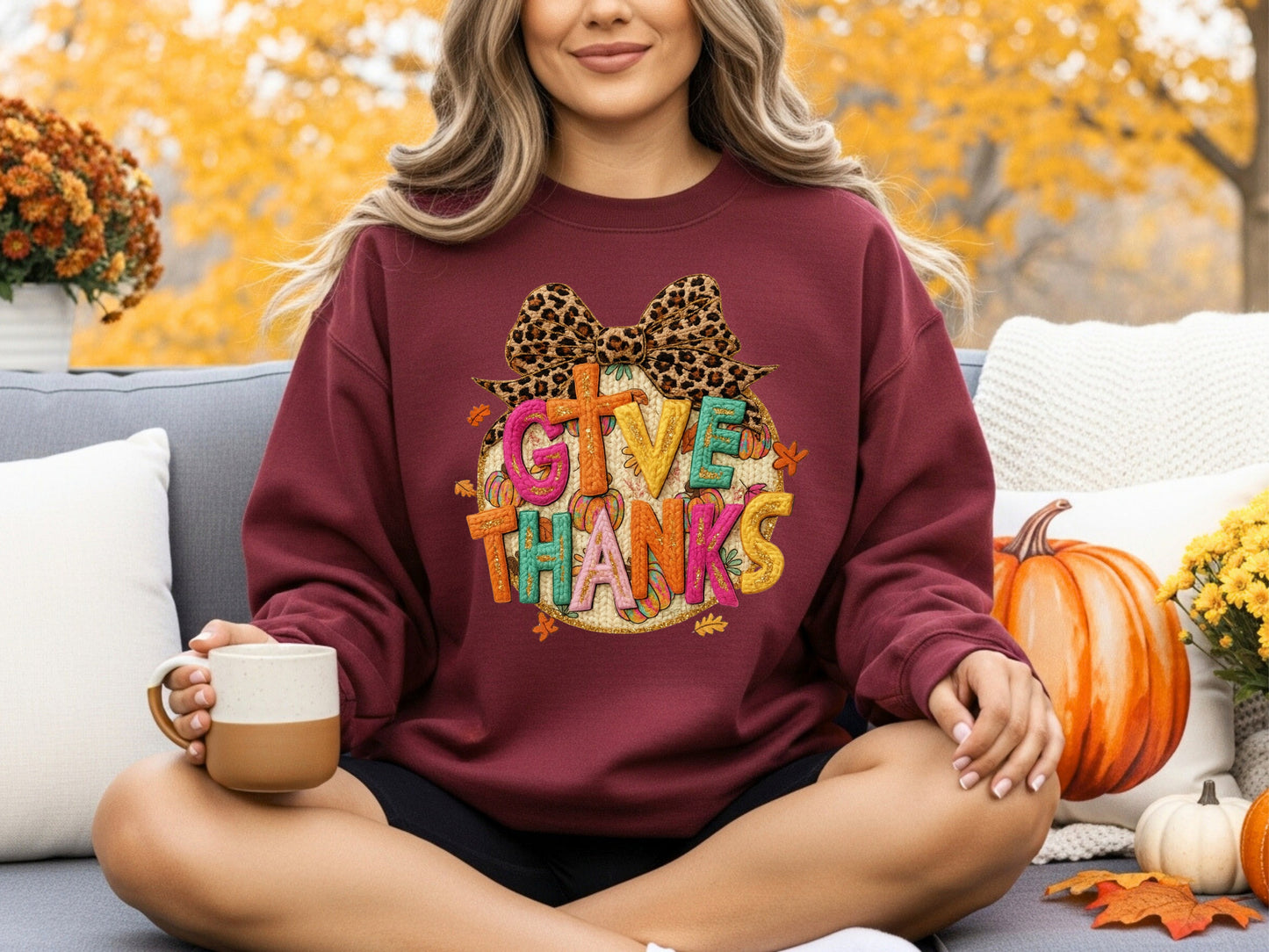 Faux Crochet Give Thanks Thanksgiving Sweatshirt – Fall Leopard Bow Pumpkin Pullover, Cozy Autumn Crewneck for Women, Fall Season Sweaters, Thanksgiving Day Sweatshirt