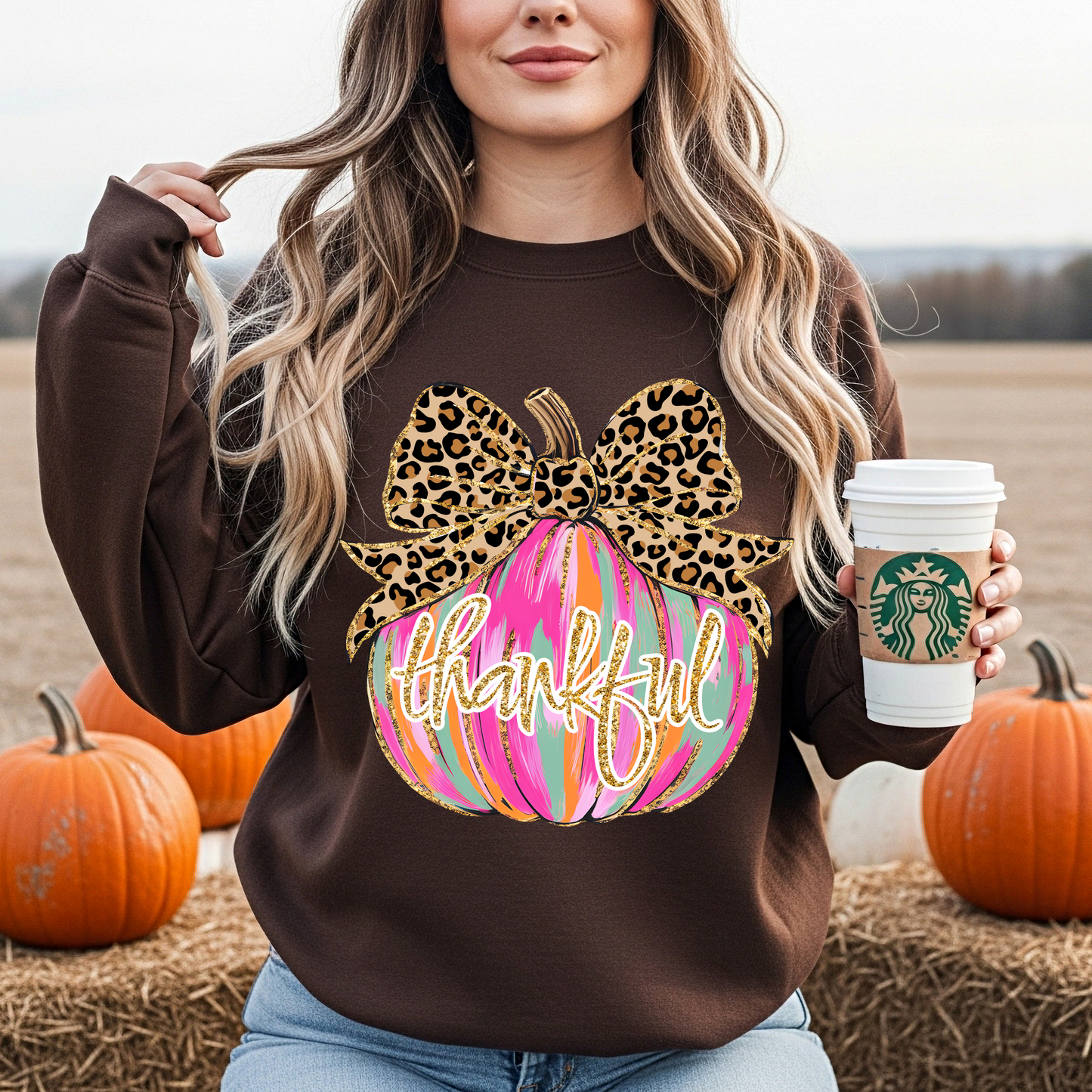 Thankful Leopard Bow Pumpkin Sweatshirt | Fall Thanksgiving Pullover | Cozy Autumn Graphic Sweater for Women | Pumpkin Sweater | Faux Glitter | Thankful Mama