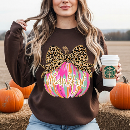 Thankful Leopard Bow Pumpkin Sweatshirt | Fall Thanksgiving Pullover | Cozy Autumn Graphic Sweater for Women | Pumpkin Sweater | Faux Glitter | Thankful Mama