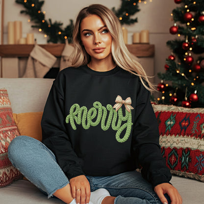 Merry Faux Crochet Rope Knit Christmas Sweatshirt | Cozy Holiday Pullover | Soft Winter Sweater for Women | Holiday Sweaters | Merry Christmas