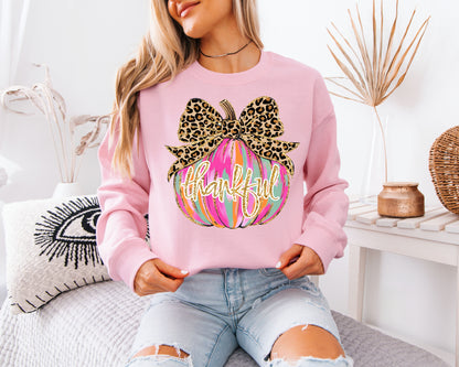 Thankful Leopard Bow Pumpkin Sweatshirt | Fall Thanksgiving Pullover | Cozy Autumn Graphic Sweater for Women | Pumpkin Sweater | Faux Glitter | Thankful Mama