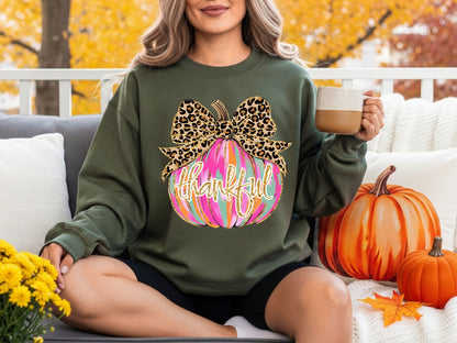 Thankful Leopard Bow Pumpkin Sweatshirt | Fall Thanksgiving Pullover | Cozy Autumn Graphic Sweater for Women | Pumpkin Sweater | Faux Glitter | Thankful Mama