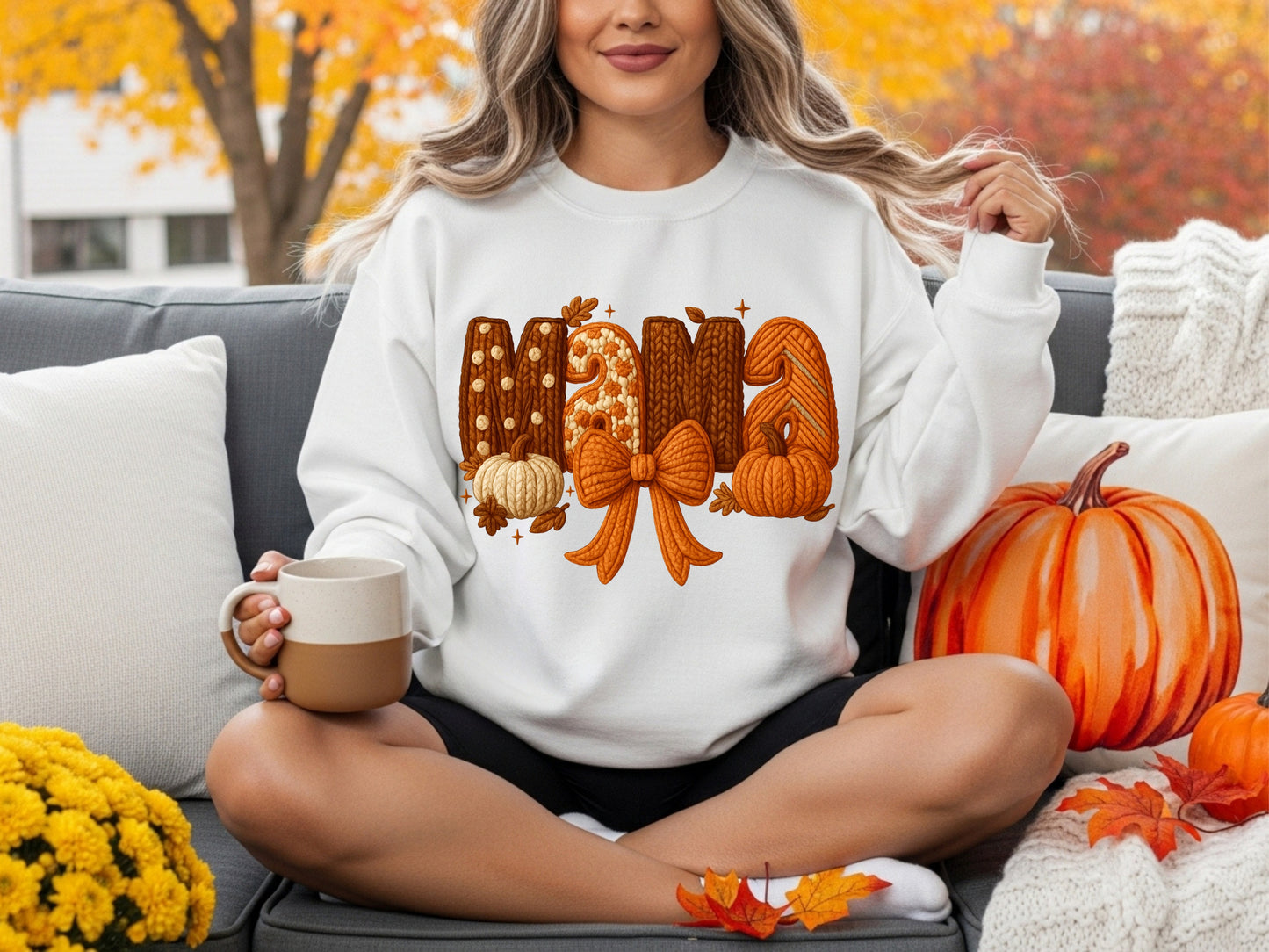Faux Crochet Fall Mama Pumpkin Sweatshirt – Cozy Autumn Pullover, Thanksgiving Sweater for Moms, Cute Fall Crewneck, Thanksgiving Sweater, Fall Season Pullover