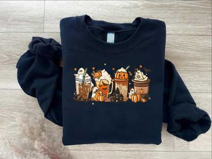 Halloween Spooky Coffee Latte Sweatshirt, Fall Cozy Pullover,