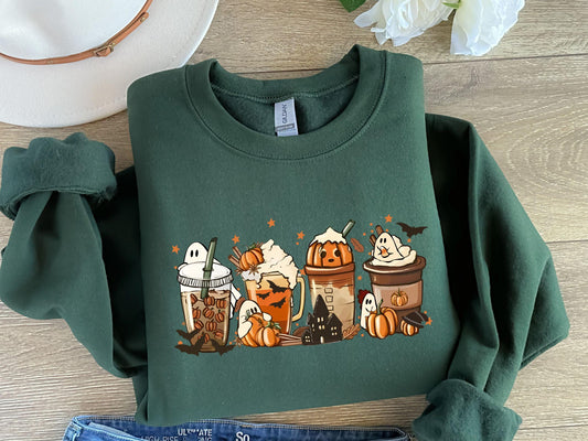 Halloween Spooky Coffee Latte Sweatshirt, Fall Cozy Pullover,