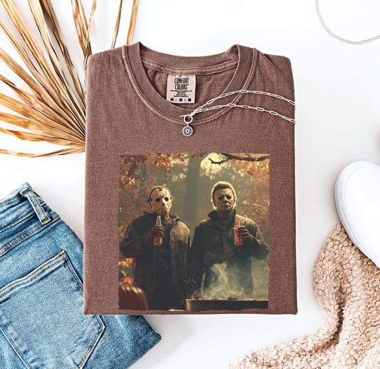 Halloween graphic with Michael Myers and Jason Voorhees holding