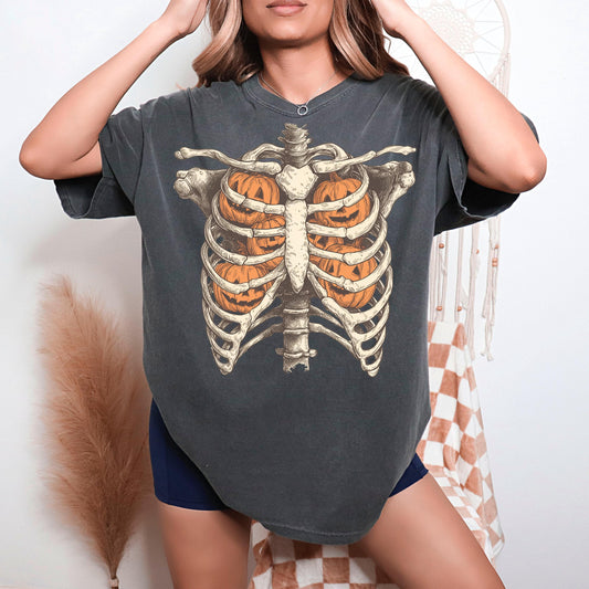 Pumpkin Ribcage Shirt | Halloween Skeleton Graphic | Spooky Fall