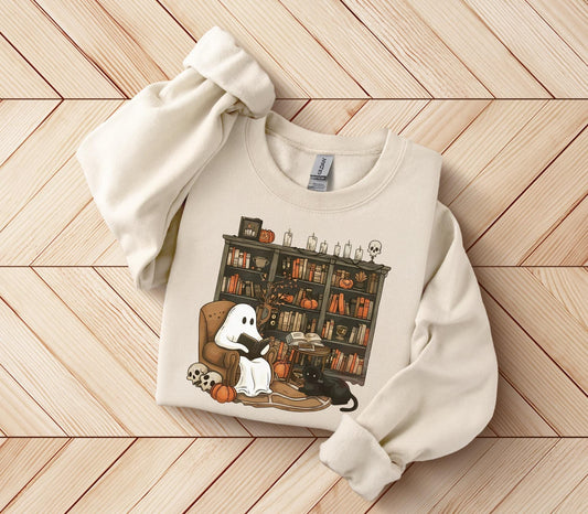 Retro Ghost Reading Books Sweatshirt, Halloween Teacher