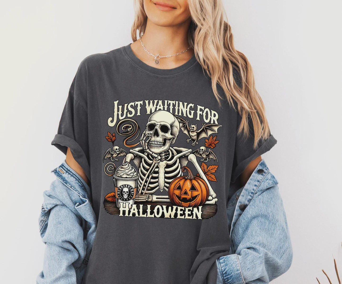 Just Waiting for Halloween Comfort Colors® Shirt, Funny Skeleton
