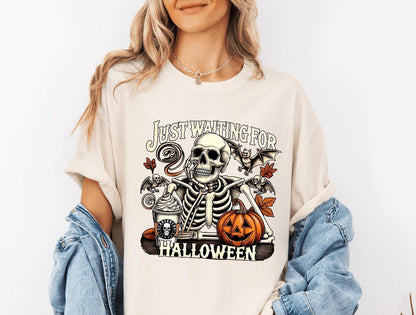Just Waiting for Halloween Comfort Colors® Shirt, Funny Skeleton