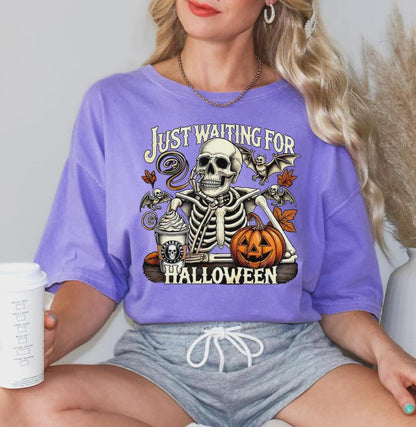 Just Waiting for Halloween Comfort Colors® Shirt, Funny Skeleton