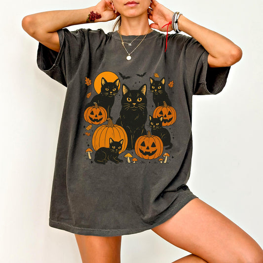 Black Cat and Pumpkins Shirt, Comfort Colors® Halloween , Retro
