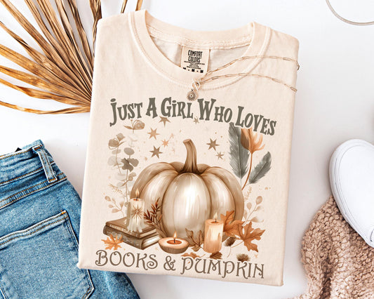 Comfort Colors Book & Pumpkin Shirt, Just a Girl Who Loves Books