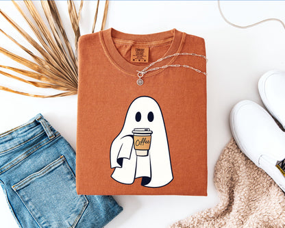 Ghost Holding Coffee Shirt, Halloween Coffee Shirt, Spooky