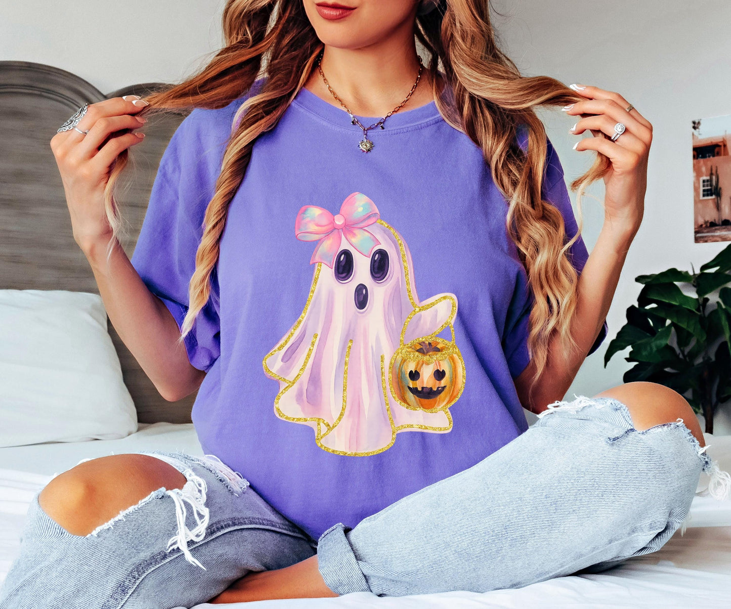 Cute Ghost Shirt with Bow, Shiny Ghost Halloween , Spooky Season