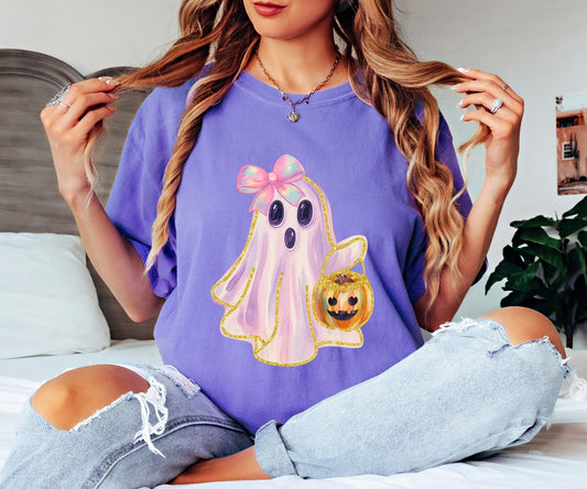 Cute Ghost Shirt with Bow, Shiny Ghost Halloween , Spooky Season