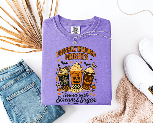 Freshly Brewed Frights Halloween Shirt, Comfort Colors Coffee ,