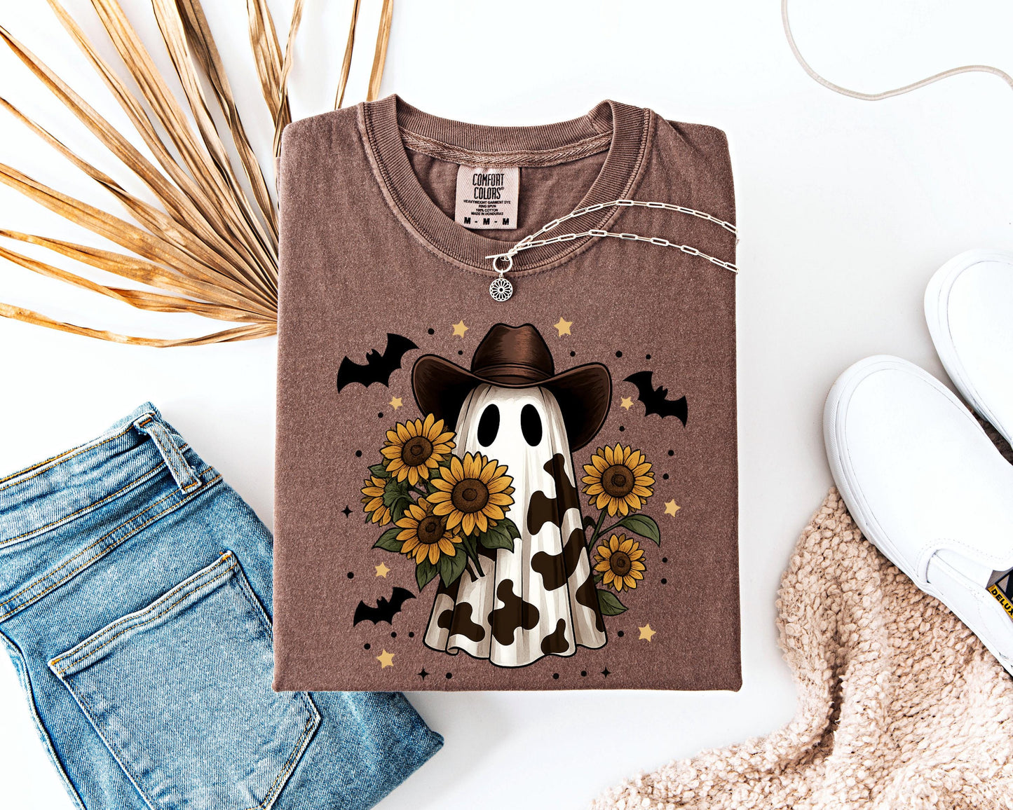 Cowboy Ghost Shirt with Sunflowers, Western Halloween , Cow