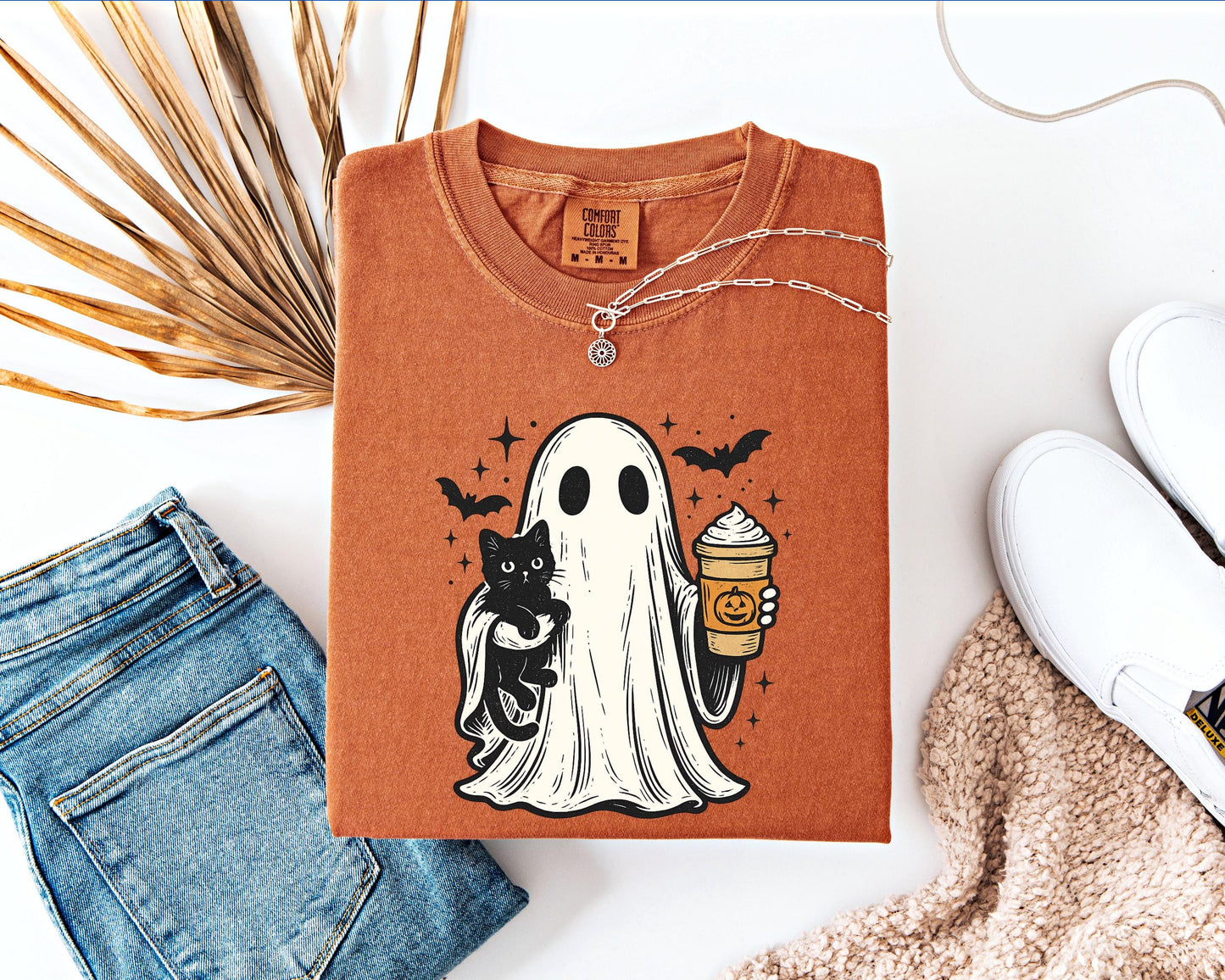 Cute Ghost Cat Coffee Comfort Colors Shirt | Halloween Fall
