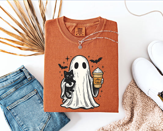 Cute Ghost Cat Coffee Comfort Colors Shirt | Halloween Fall