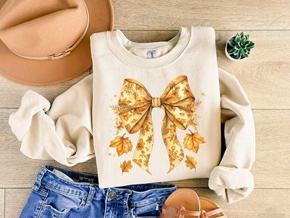 Fall Leaves Sweater, Coquette Bow Aesthetic Pullover, Autumn