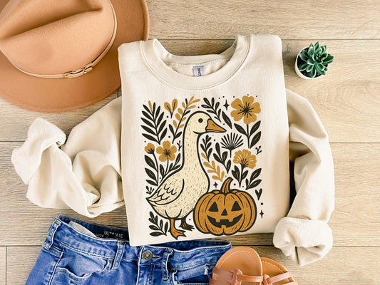 Duck Pumpkin Sweatshirt, Goose Floral Fall Halloween Pullover,