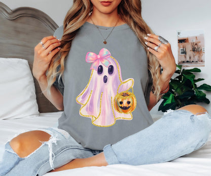 Cute Ghost Shirt with Bow, Shiny Ghost Halloween , Spooky Season