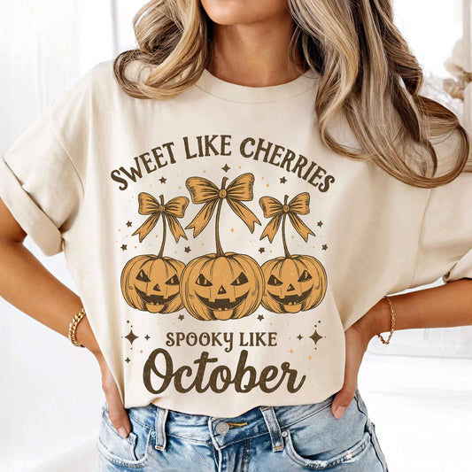 Sweet Like Cherries Spooky Like October Shirt, Pumpkin Coquette